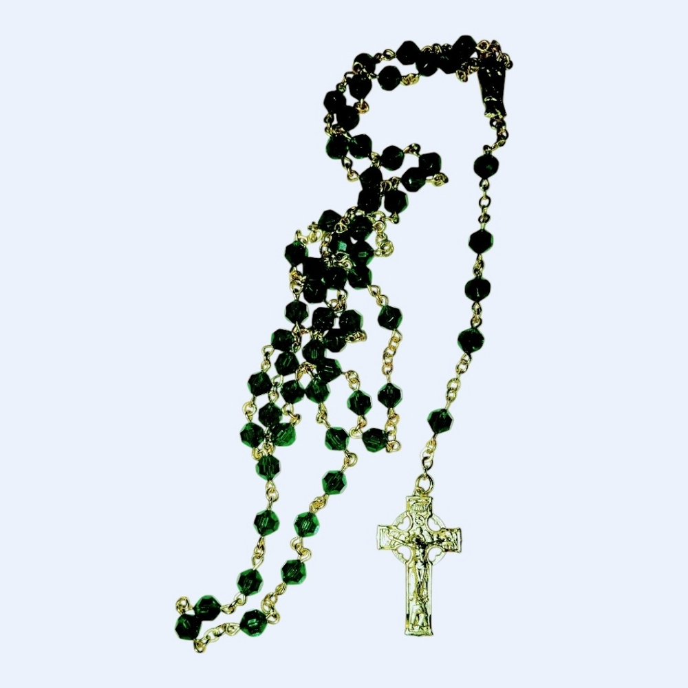 36" Green and Gold Rosary Prayer Beads Necklace Marked Bliss
